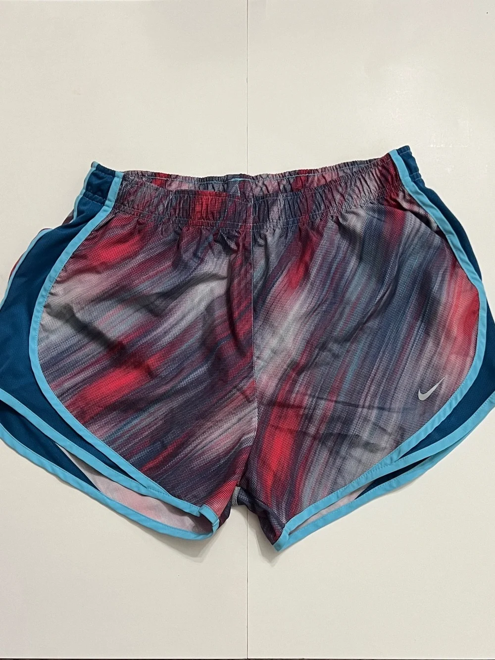 Women's Teal Blue Cross Watercolored Dri Fit Nike Tempo Shorts Size Large